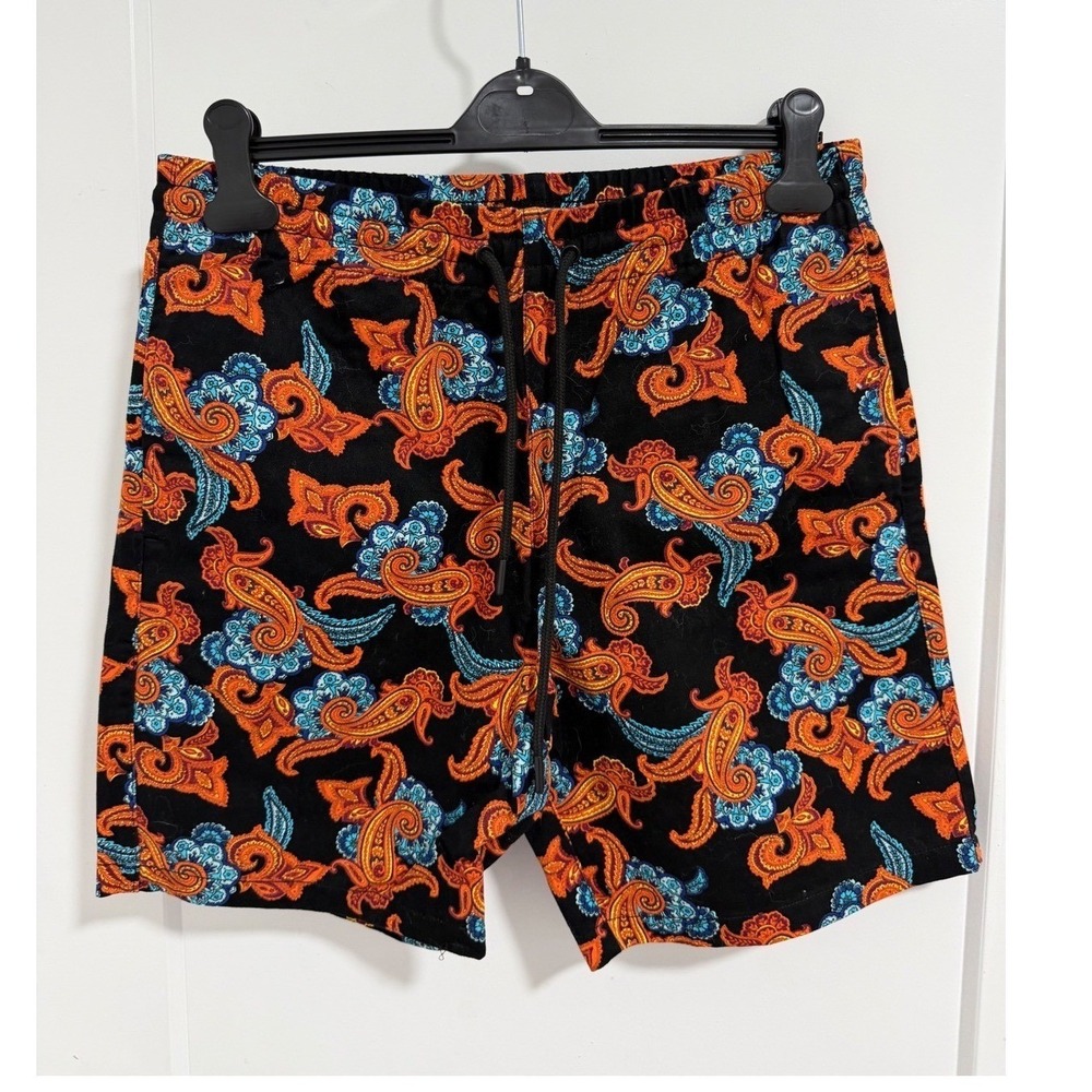 Forever 21 Men Paisley Print Drawstring Shorts Black Orange Blue Size M NWT